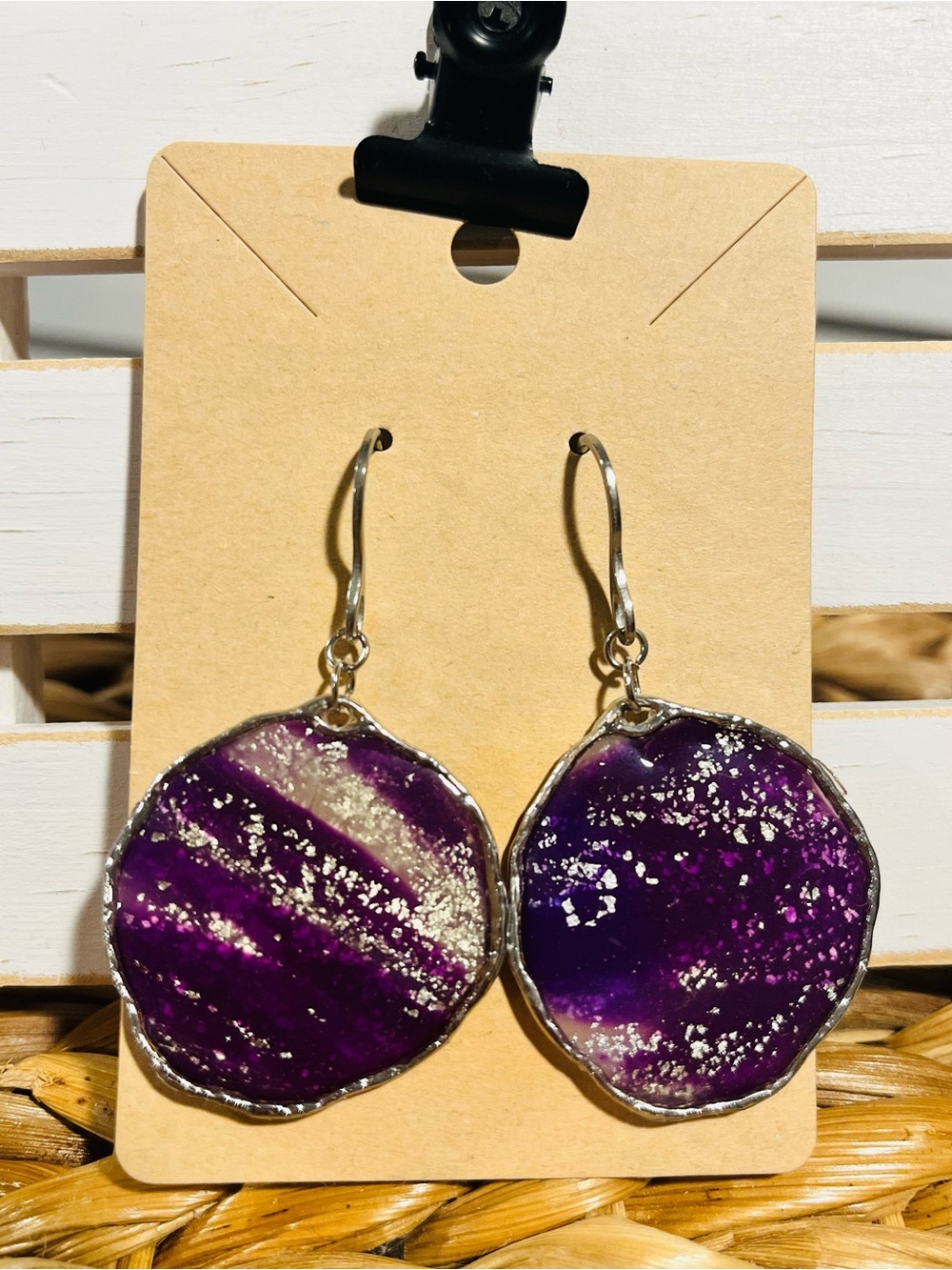 Purple Round Resin Polymer Clay Drop Earrings with Silver Flecks -Handcrafted